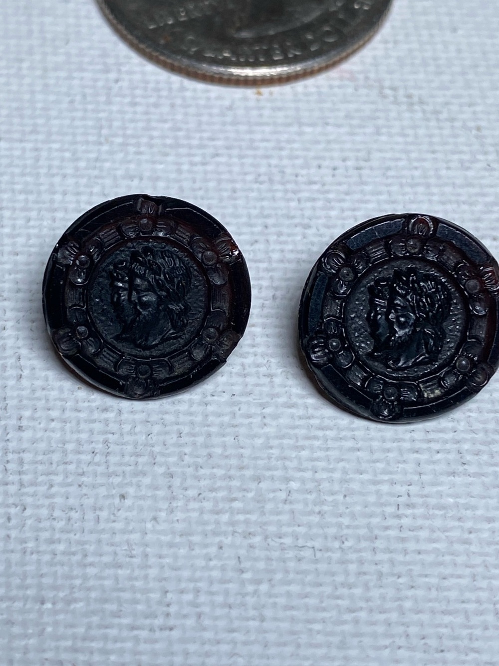 Antique Round Black Cameo Medallion Buttons - Pair